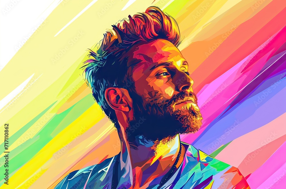 Joyful man with a vividly colored beard and hair in a stylized portrait with a gradient rainbow background. Joyful man with a vividly colored beard and hair in a stylized portrait with a gradient rainbow background.