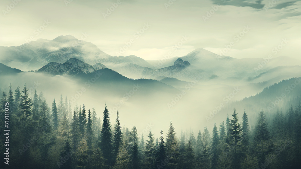 Misty fogly mountain landscape with fir forest in vintage style