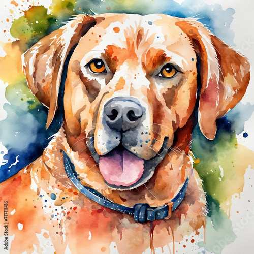 This is a vibrant watercolor painting of a dog with its ears perked up  staring directly. The dog s fur is painted in shades of brown and white  with detailed eyes that are full of expression.