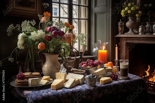 Afternoon tea, cheese platter, assorted pastries, fruits - elegant table setup with delicious snacks