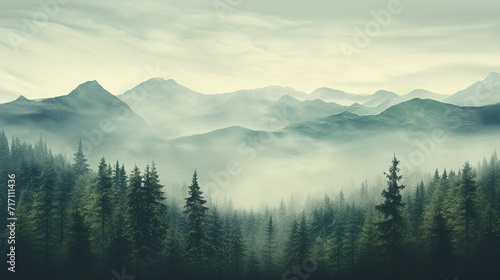 Misty fogly mountain landscape with fir forest in vintage style
