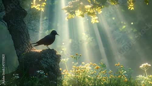 sunlight shining in forest landscape with black bird enjoying the morning, Wildlife. Morning sunlight shine through pine forest. beautiful sun shining trough nature