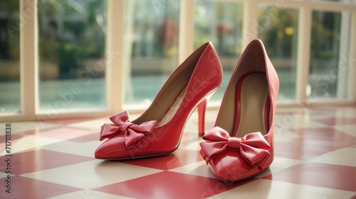 Red high-heeled shoes with a bow. The trend for bows 2024. Fashionable shoes