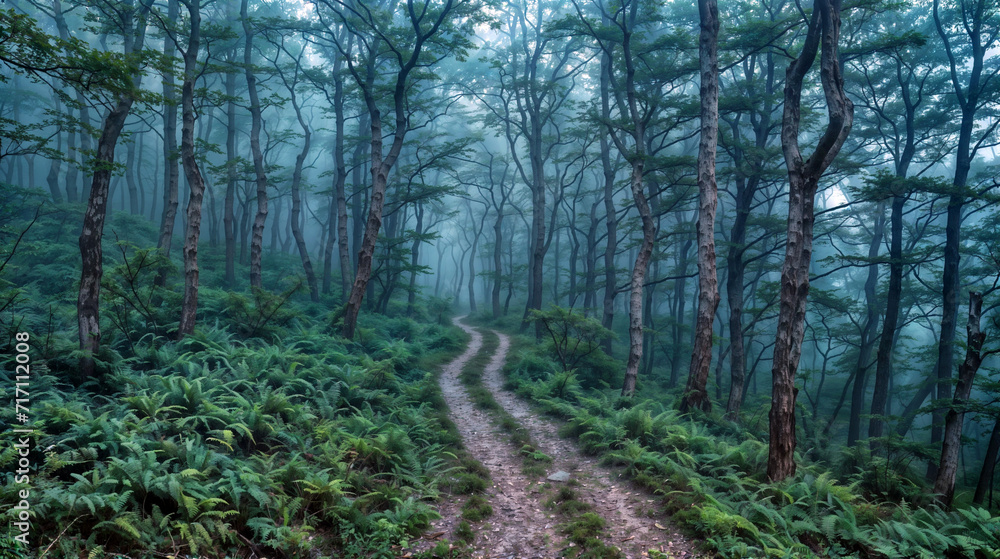 Fototapeta premium Misty Forest Path with Fern Undergrowth