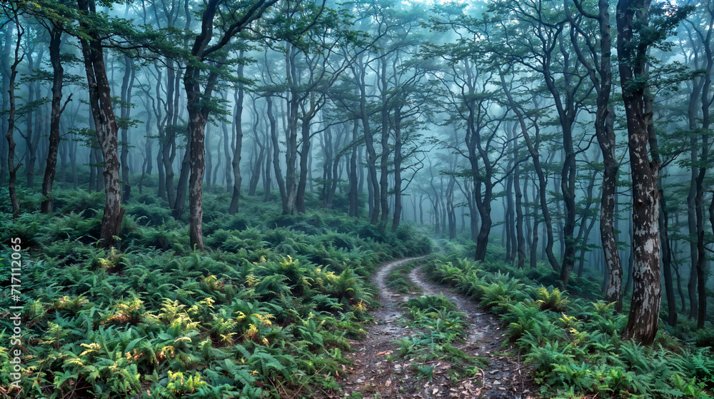 Obraz premium Misty Forest Path with Fern Undergrowth