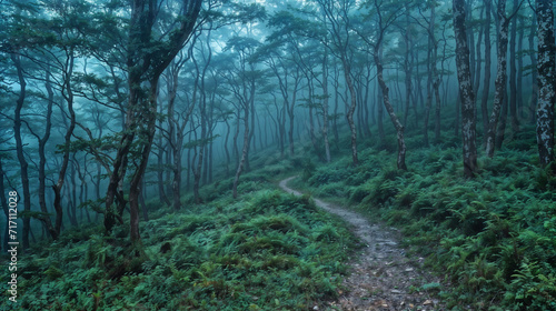Misty Forest Path with Fern Undergrowth photo