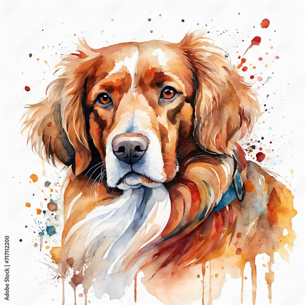 This is a vibrant watercolor painting of a dog with its ears perked up, staring directly. The dog's fur is painted in shades of brown and white, with detailed eyes that are full of expression.