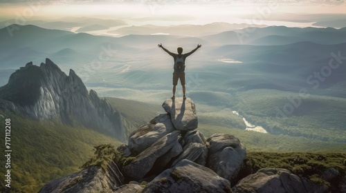 Man stretching arms on mountain photo