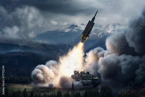 Panoramic view of military battalion defense system firing missiles during special operation