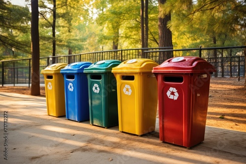 A row of colorful recycling bins in a clean street in a park with trees. 