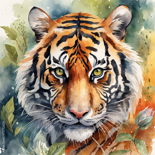 This is a vibrant watercolor painting of a tiger s face that shows vivid and exciting details. The tiger has striking yellow-green eyes that are full of intensity.