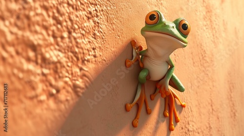 A lovable frog cartoon caught in a moment of sheer delight against a warm peach wall.