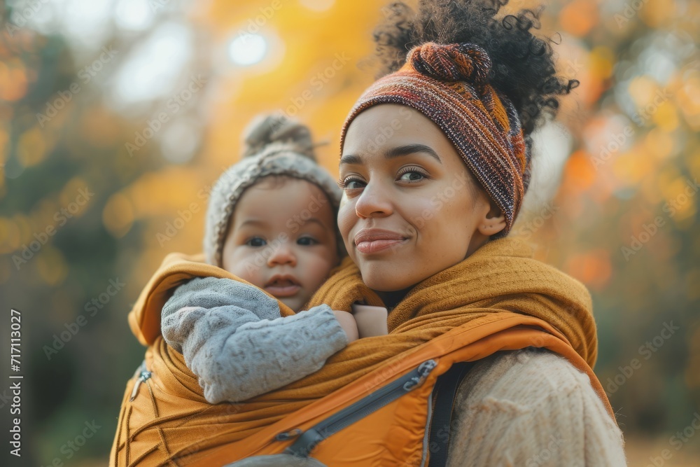 Obraz premium woman walking with her baby in a baby carrier on an autumn day