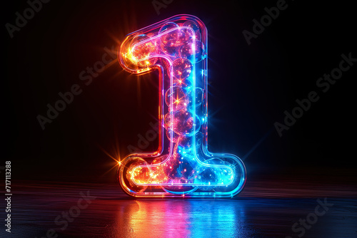 Number 1 - colorful glowing outline alphabet symbol on blue lens flare dark background
