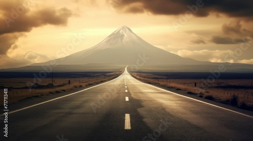 A straight paved road leads to the mountain photo