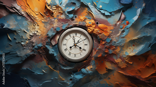 Abstract artistic rendition of a clock exploding with a dynamic blend of colors and textures, symbolizing chaotic temporal flow photo