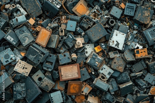 A landfill full of old broken electronic items, environmental issues of e-waste