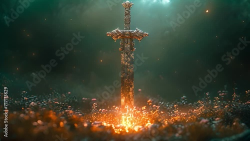 Magical metal sword in the ground with sparks. mysterious and magical photo of silver sword with fire flames over Gothic snowy black background. Medieval period concept. Strong glowing sword fantasy m photo
