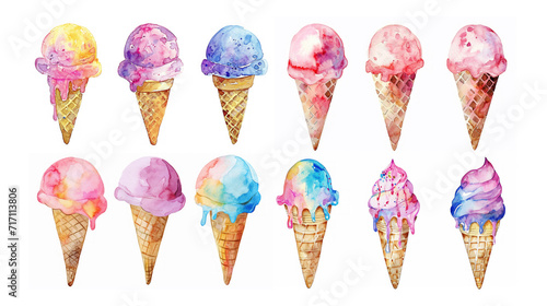 watercolor illustration with grungy texture  cute ice cream cone  three set isolated on white background  idea for junk journal design. Generative Ai