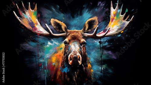 Fotografiet moose from front, all recovered of different paint brushes colors, black backgro