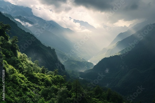 Large number of mountains  vast landscapes touching the horizons  skies and dense lush forest