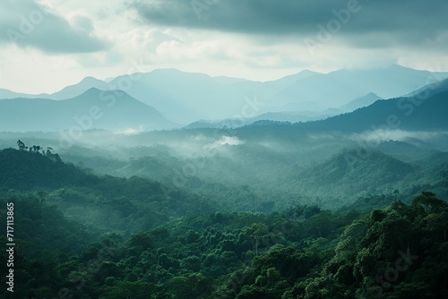 Large number of mountains  vast landscapes touching the horizons  skies and dense lush forest