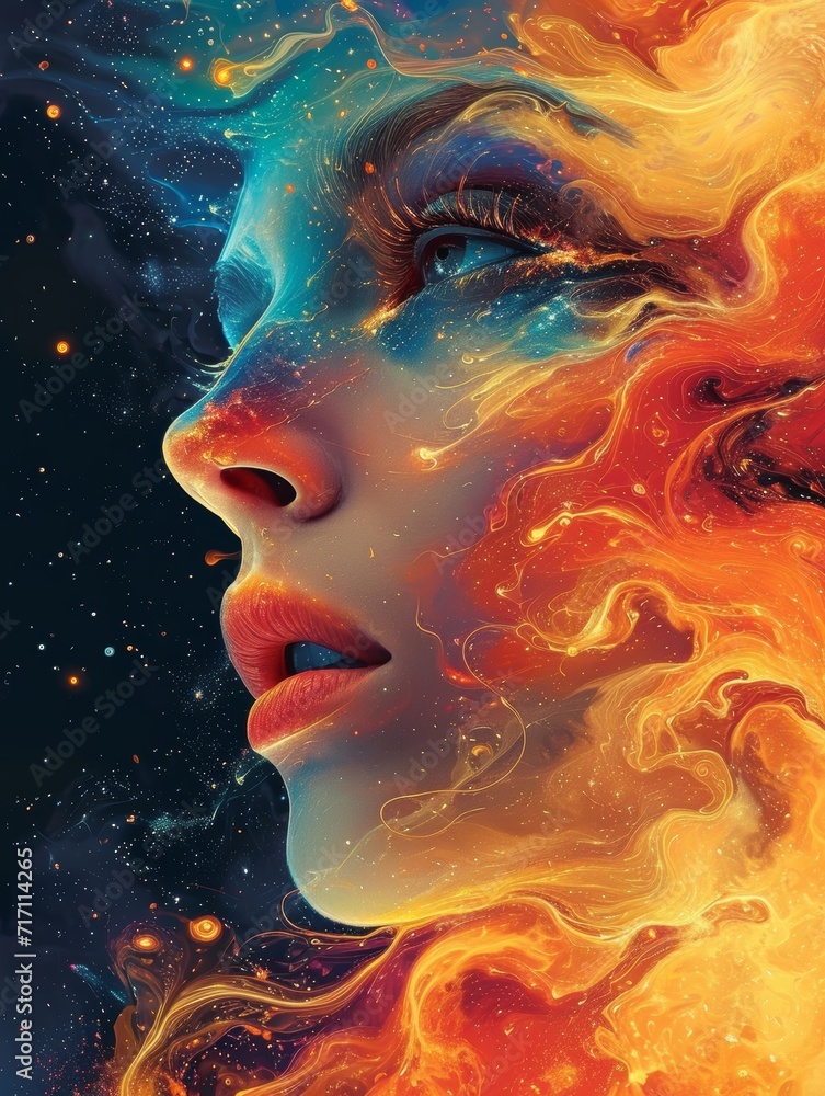 Fiery Dreamscape: A Woman's Profile Engulfed in a Whirl of Cosmic Colors and Abstract Swirls Fiery Dreamscape: A Woman's Profile Engulfed in a Whirl of Cosmic Colors and Abstract Swirls