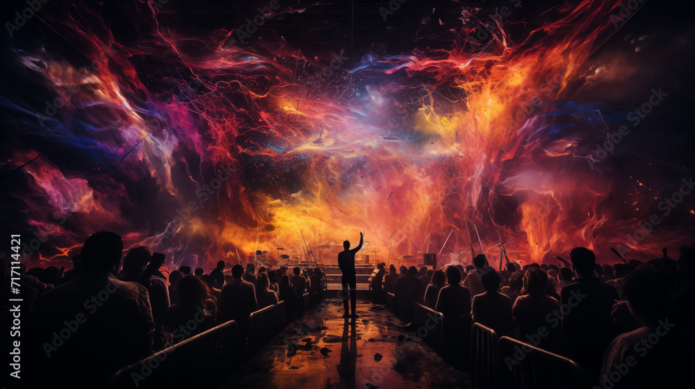 Enigmatic orchestral performance infused with a cosmic explosion of color, symbolizing the universal language of music uniting all. - obrazy, fototapety, plakaty 