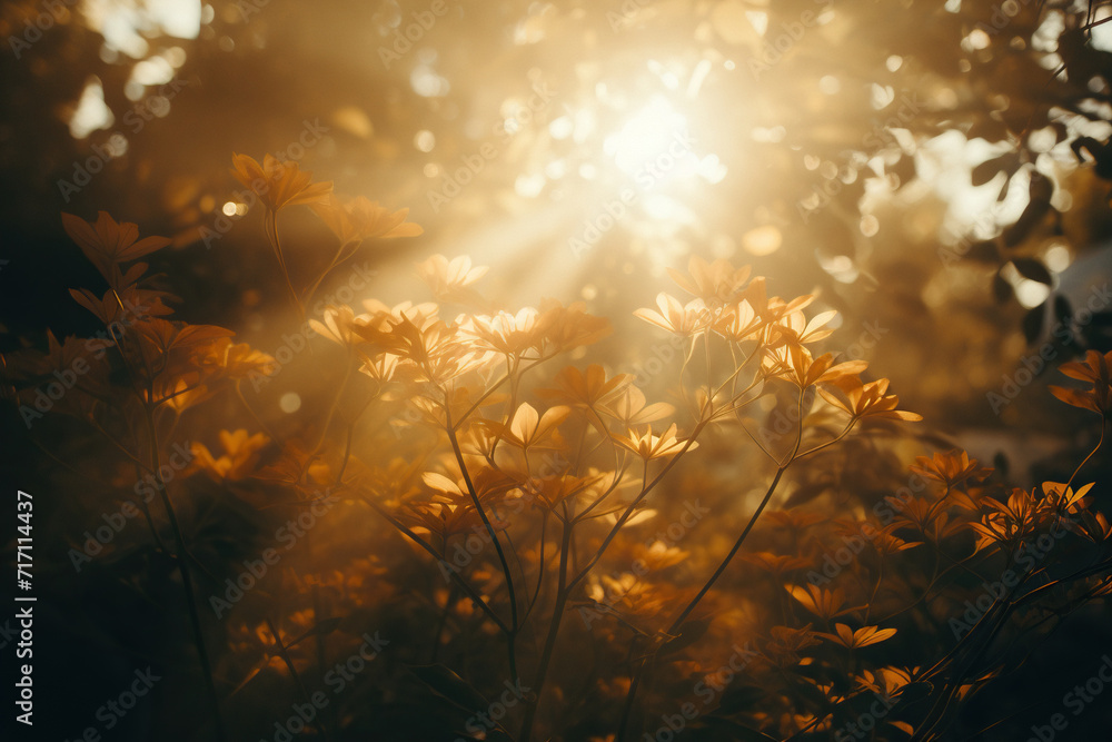 Bright sun rays shine between the trees in the forest. Generated by artificial intelligence Bright sun rays shine between the trees in the forest. Generated by artificial intelligence