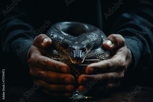 A snake in a bowl in the hands of a man. Generated by artificial intelligence © Vovmar