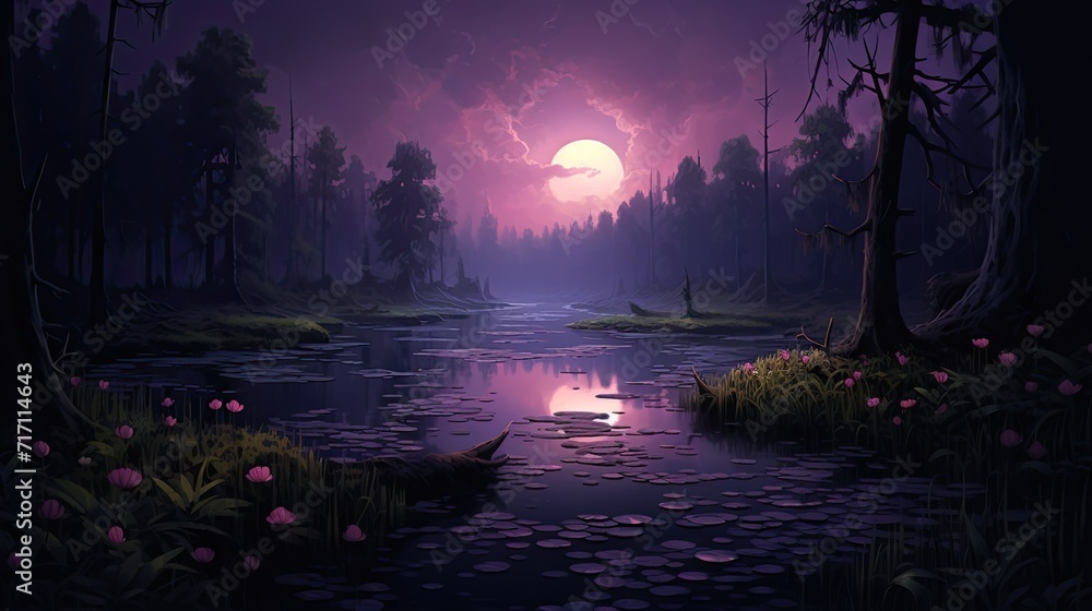 swamp at dusk, with a focus on capturing the serene and mysterious atmosphere, dark purple flowers into the scene for added visual intrigue. - obrazy, fototapety, plakaty 