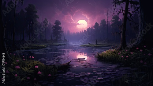swamp at dusk, with a focus on capturing the serene and mysterious atmosphere, dark purple flowers into the scene for added visual intrigue. photo