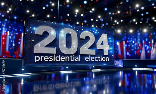 Politics and voting concept. Presidential election 2024 on stage over the American flag background before the debate
 photo