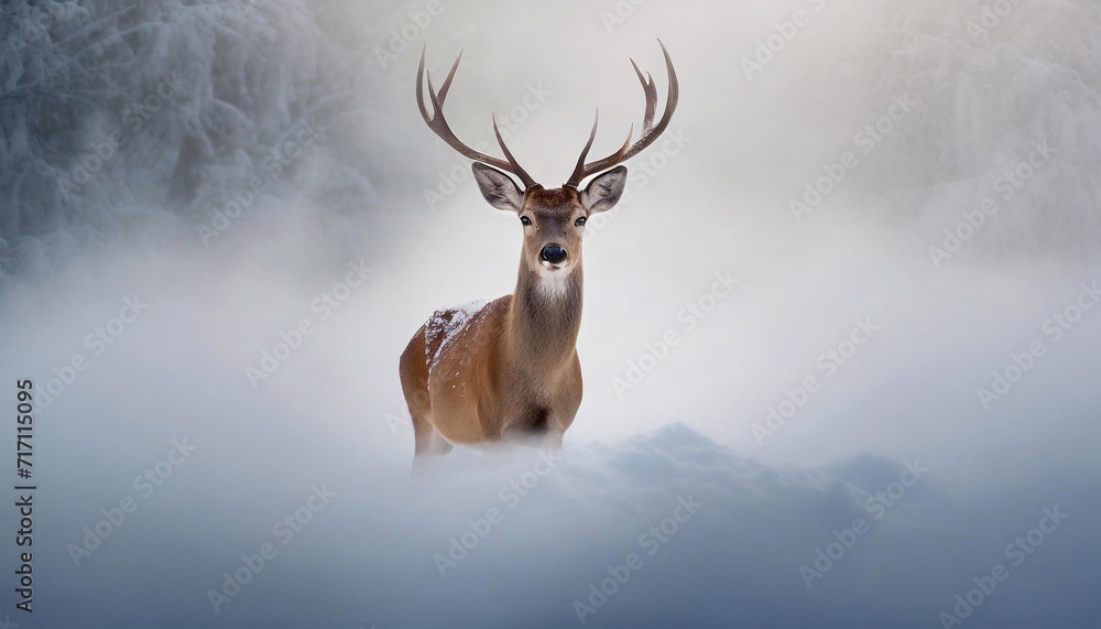 A big beautiful Deer emerges from the white fog. A big beautiful Deer emerges from the white fog.
