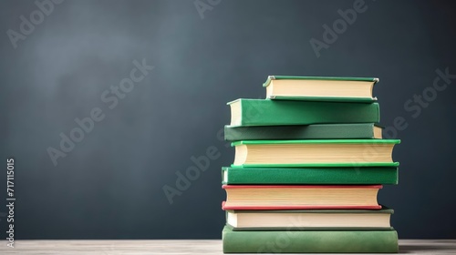 Stack of book with green chalkboard background. Copy space. Space for text