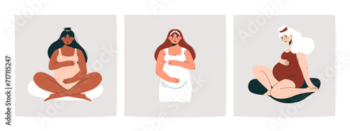Pregnant women. Flat female portraits with childbearing belly, diverse expecting moms, maternity, motherhood and pregnancy concept. Cartoon vector set