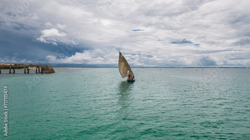 Drone shot of a Dhow boat in Mozambique - Africa