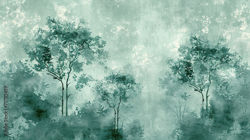 Water color Trees on a grunge texture background, wallpaper for interiors. green wallpaper for interior #717115489