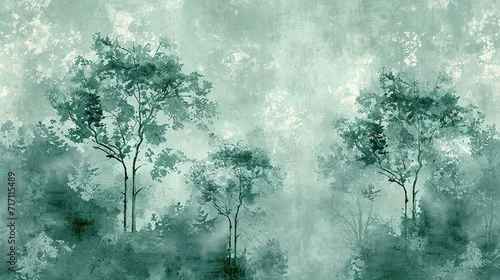 Obraz Water color Trees on a grunge texture background, wallpaper for interiors. green wallpaper for interior