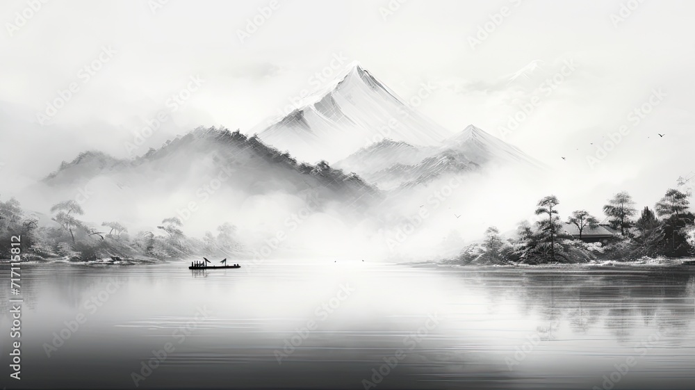 Zen with turbulent water, applying a Chinese white art effect for a bold and impactful ink painting, against a clean white background to enhance visual contrast.