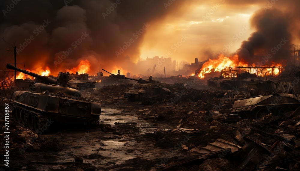 Armored tank crossing mine field in war invasion epic scene of fire and destruction in city