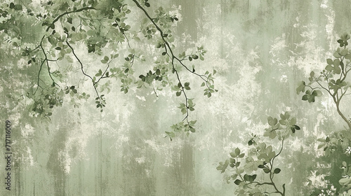 Tree leaves on a grunge texture background, wallpaper for interiors. Vintage green wallpaper for classical design interior design or oriental design