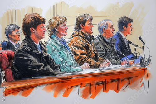 An artist impression sketch of a person on trial in a courtroom photo
