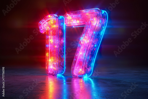 Number 17 - colorful glowing outline alphabet symbol on blue lens flare dark background photo