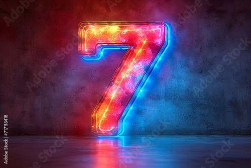 Number 7 - colorful glowing outline alphabet symbol on blue lens flare dark background photo