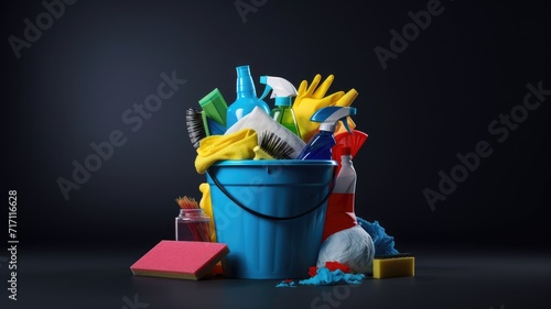 a bucket filled with cleaning supplies placed on a table against a grey background, creating a visually appealing composition, ample space for text to convey a cleaning-related message or branding.