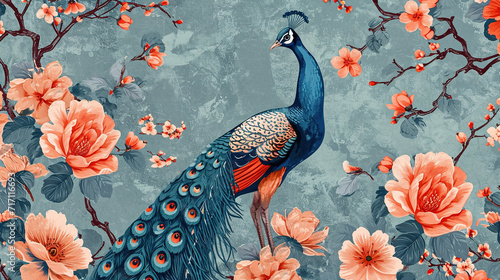 Beautiful chinoiserie traditional Chinese painting style peacock with flower background. Wallpaper for interior 