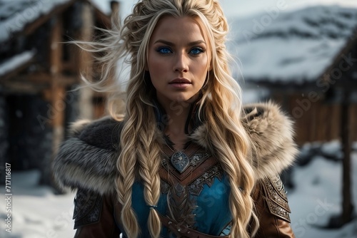 A fierce nord  warrior stands tall in the snowy landscape of skyrim, her long blonde hair whipping in the wind as she gazes out with piercing blue eyes. photo