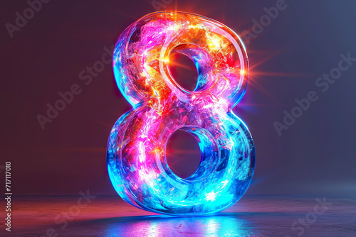 Number 8 - colorful glowing outline alphabet symbol on blue lens flare dark background photo