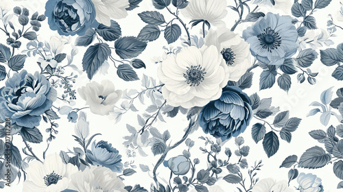 blue and white flowers Chinoiserie pattern. Fresco wallpaper for interior photo